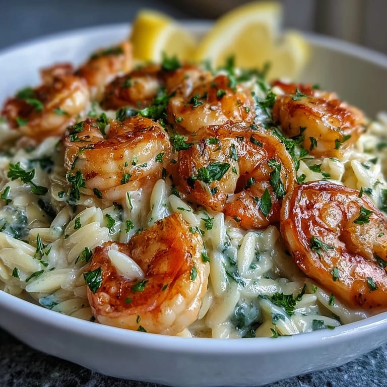Deliciously rich lemon orzo recipe topped with fresh parsley, ready to serve.