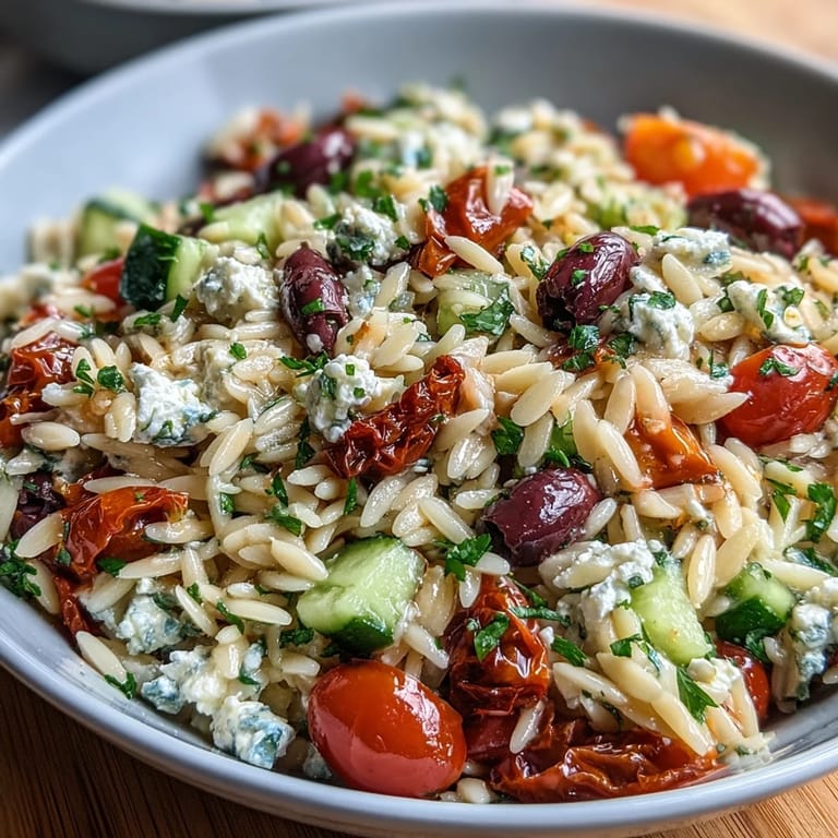 This Greek Orzo salad showcases colorful vegetables topped with crumbled feta cheese.