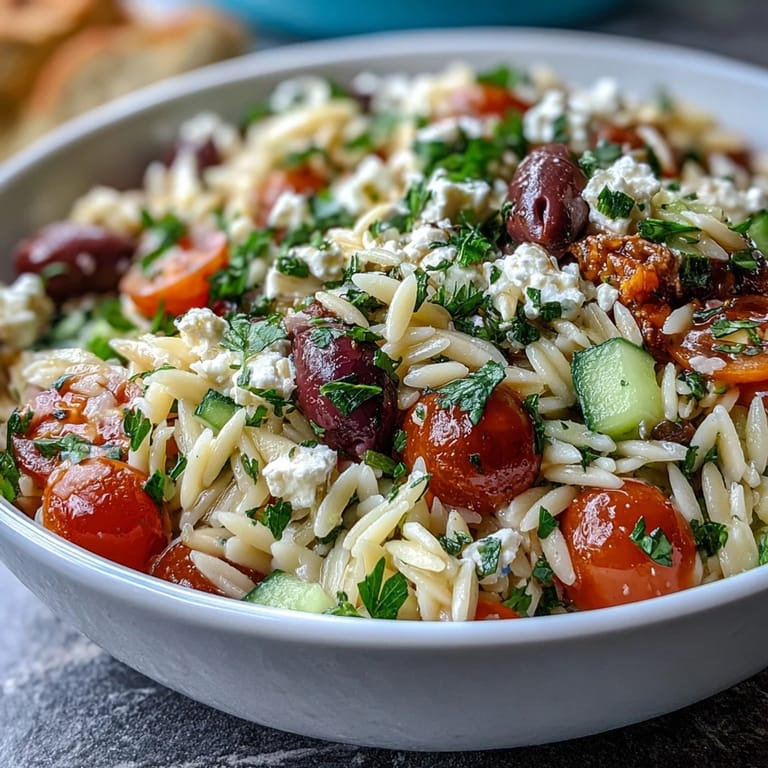 Hearty Greek Orzo with briny olives and zesty lemon dressing, perfect for lunch.