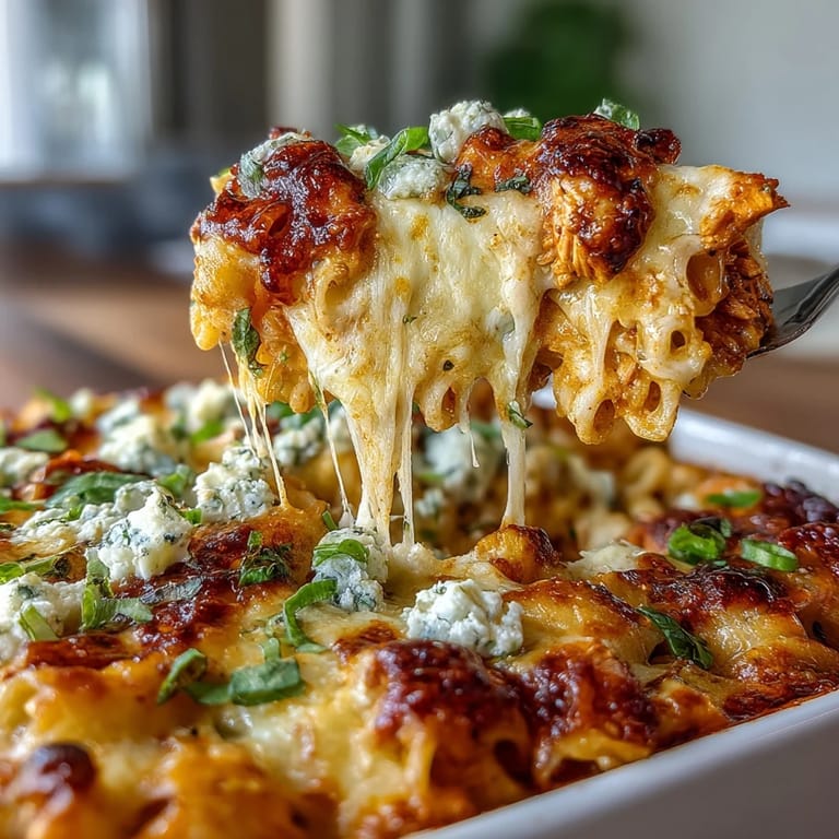 Spicy, cheesy Buffalo Chicken Pasta Bake dish with tender chicken and pasta.
