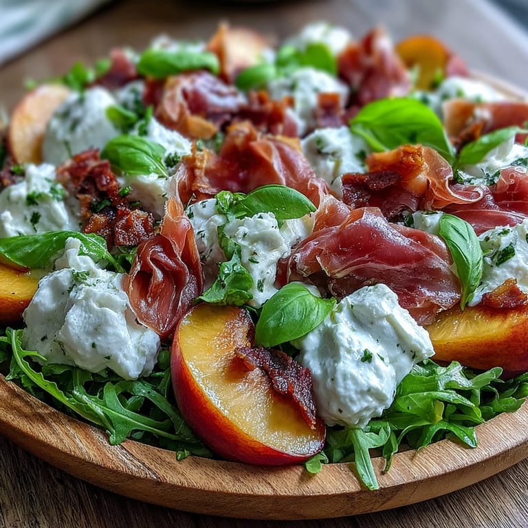 Savory prosciutto and juicy peaches are artfully arranged with creamy burrata.