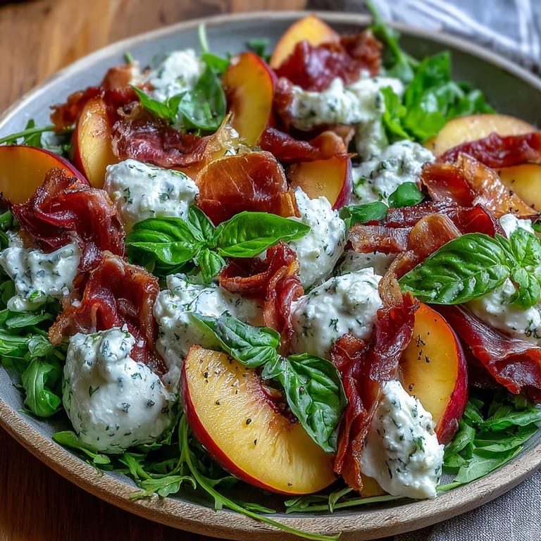 A refreshing Peach Burrata Prosciutto Salad, perfect for a light, elegant meal.