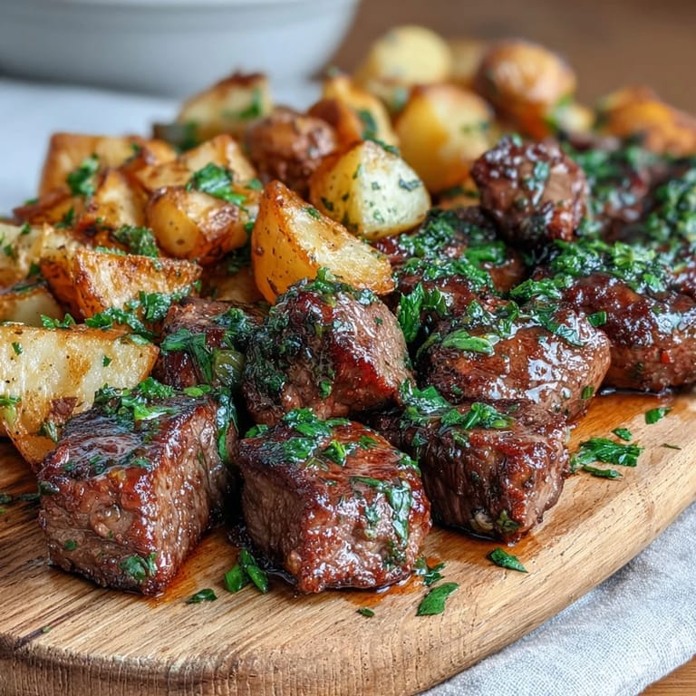 Tender garlic butter steak bites with golden potatoes, ready for serving.