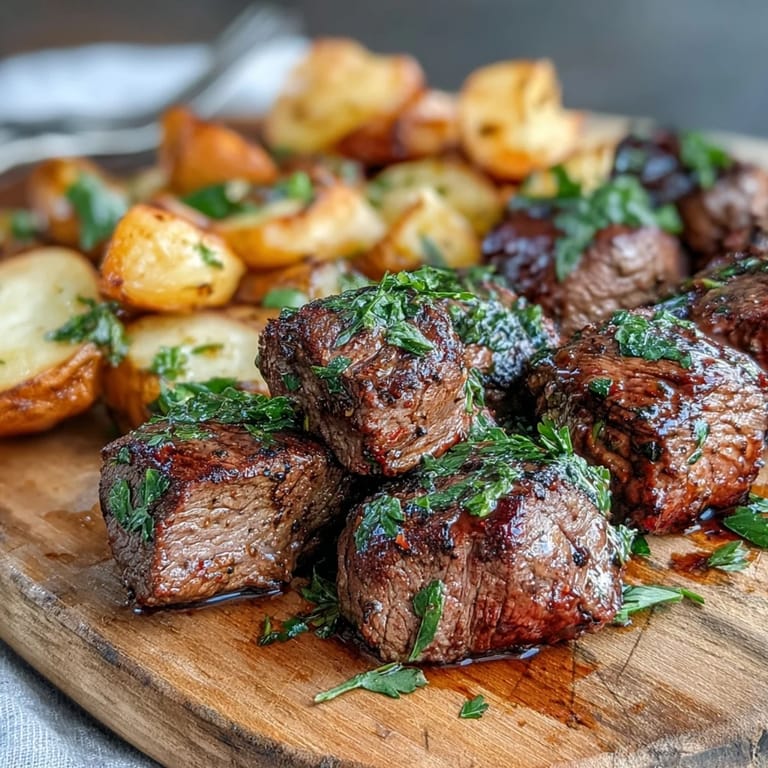Juicy garlic butter steak bites and roasted potatoes, perfect for dinner.