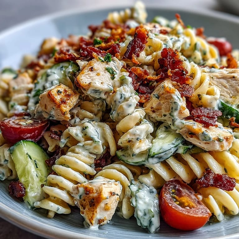 Delicious Chicken Bacon Ranch Pasta Salad: forkful of pasta, chicken, bacon, and ranch.