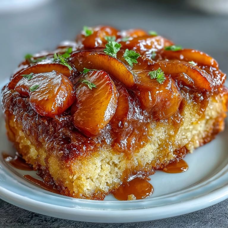 Warm slice of Brown Sugar Peach Upside-Down Cake with melted butter and peaches.