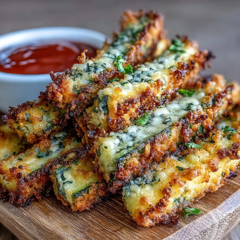 Easy Crispy Parmesan Zucchini Fries served warm with a side of marinara sauce.