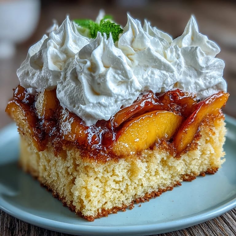 Summer dessert featuring stacked brown butter cornbread shortcakes overflowing with sweet peaches.