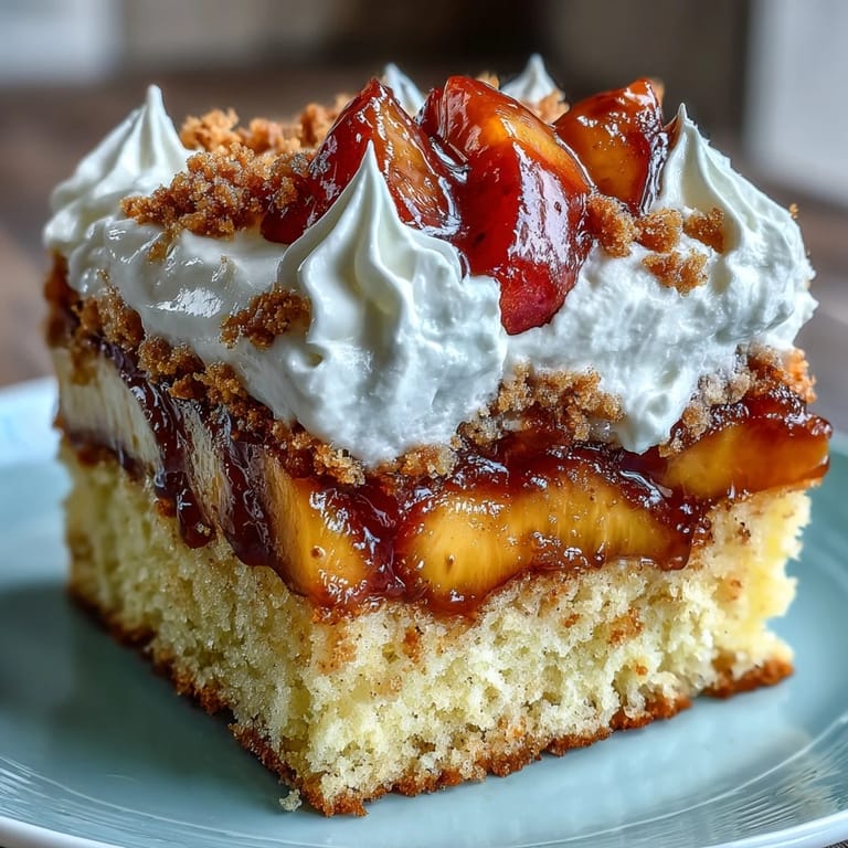 Delicious brown butter cornbread shortcake layered with macerated peaches and sweet cream dollops.