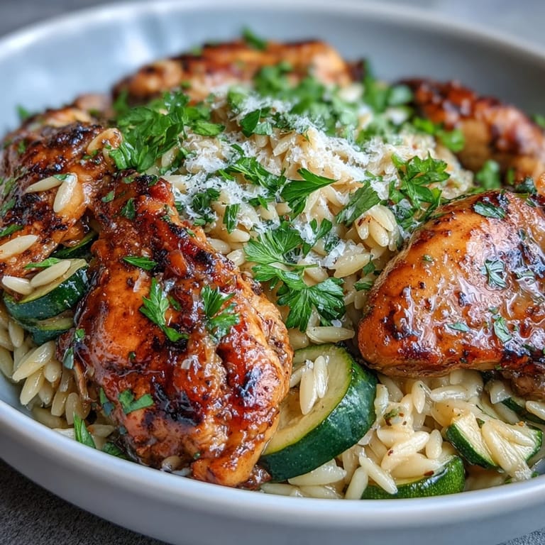 Simple one-pan lemon chicken orzo steaming hot, ready to be served.
