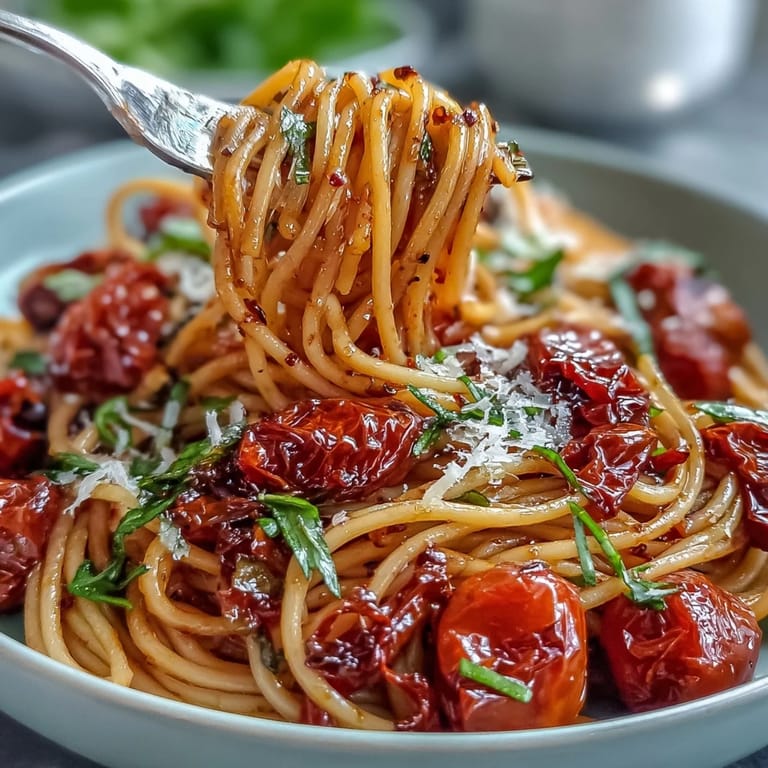 Ready to serve Chili Crisp Tomato Butter Pasta, a quick weeknight meal perfect with Parmesan.