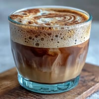 Creamy hojicha flat white with nutty roasted aroma, poured over rich microfoam in a cozy ceramic mug.  