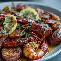 Vibrant indoor crawfish boil sheet pan dinner with andouille sausage, potatoes, and corn.