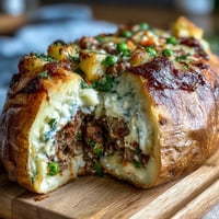 Baked potatoes stuffed with savory shepherds pie filling, topped with creamy mashed potatoes for a hearty meal.