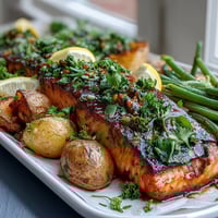 Vibrant sheet pan salmon with green beans and potatoes, roasted with lemon and herbs for a healthy, flavorful dinner.  