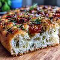 Golden Spring Herb Focaccia topped with cherry tomatoes, rosemary, thyme, chives, and basil on a rustic wooden board.