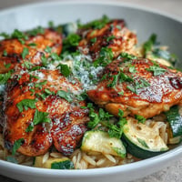Tender lemon chicken with zucchini and fluffy orzo in a bright one-pan dish.