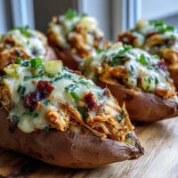 Baked chicken apple cheddar stuffed sweet potatoes with melted cheese topping.